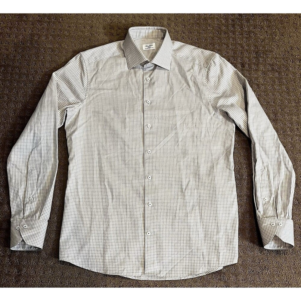 Stenstroms Slimline Men’s Shirt Brown/ Blue Plaid Twofold Cotton Size 42 16 1/2